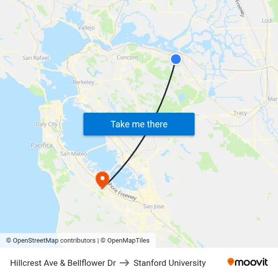 Hillcrest Ave & Bellflower Dr to Stanford University map