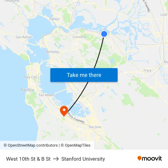 West 10th St & B St to Stanford University map