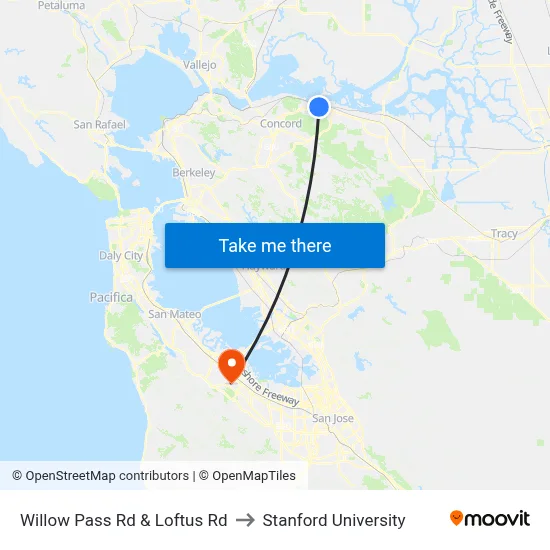 Willow Pass Rd & Loftus Rd to Stanford University map