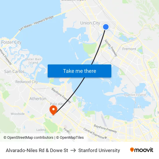 Alvarado-Niles Rd & Dowe St to Stanford University map