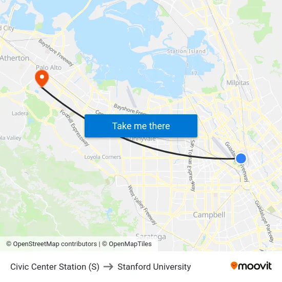 Civic Center Station (S) to Stanford University map