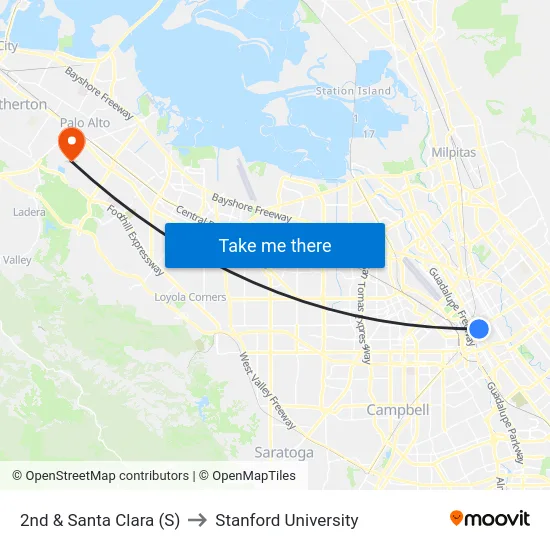2nd & Santa Clara (S) to Stanford University map