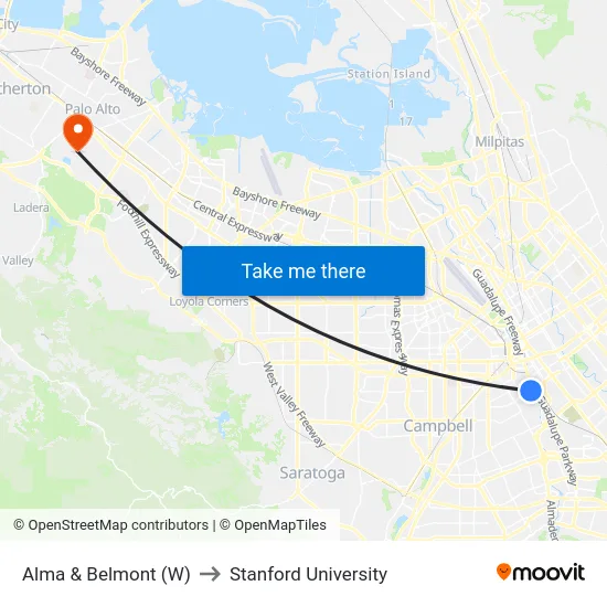 Alma & Belmont (W) to Stanford University map