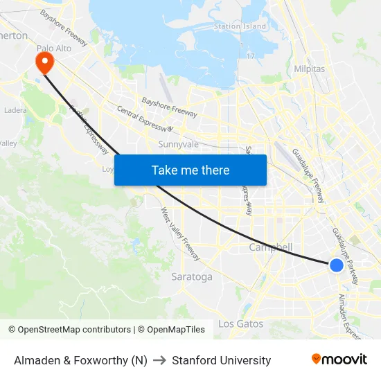 Almaden & Foxworthy (N) to Stanford University map