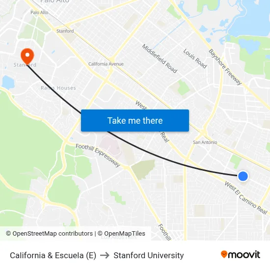 California & Escuela (E) to Stanford University map