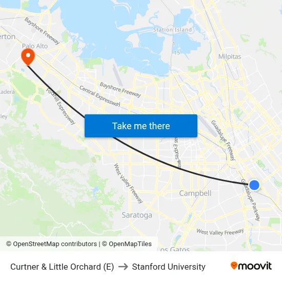 Curtner & Little Orchard (E) to Stanford University map
