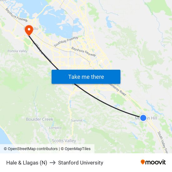 Hale & Llagas (N) to Stanford University map