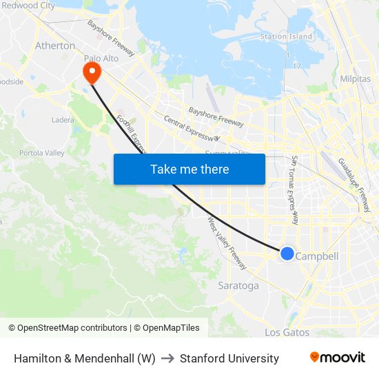 Hamilton & Mendenhall (W) to Stanford University map