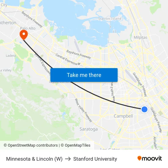 Minnesota & Lincoln (W) to Stanford University map