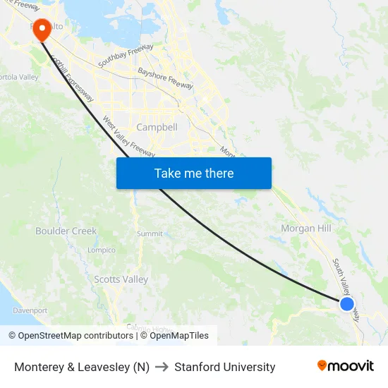 Monterey & Leavesley (N) to Stanford University map