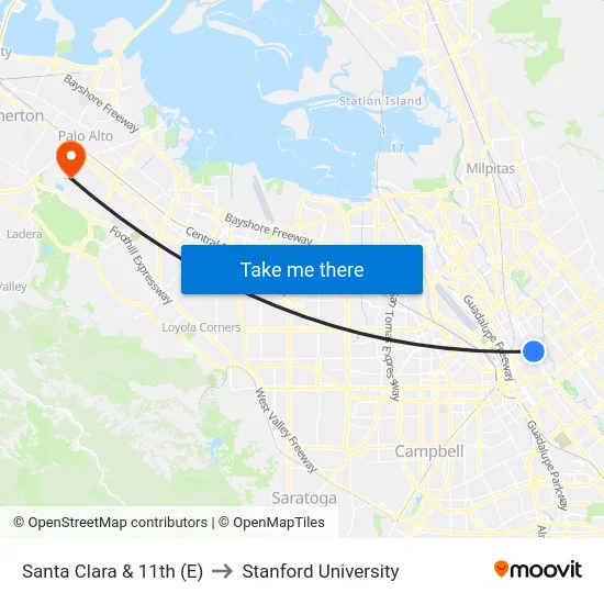 Santa Clara & 11th (E) to Stanford University map