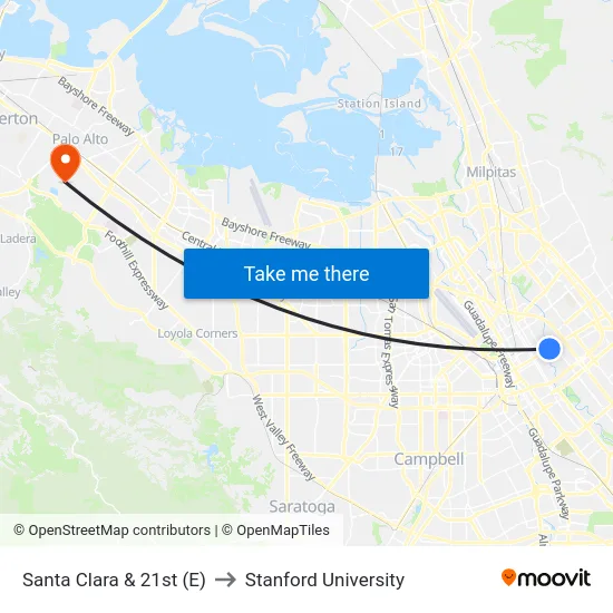 Santa Clara & 21st (E) to Stanford University map