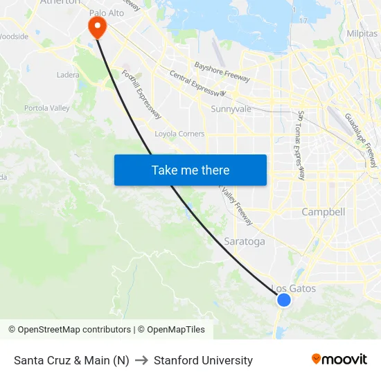 Santa Cruz & Main (N) to Stanford University map