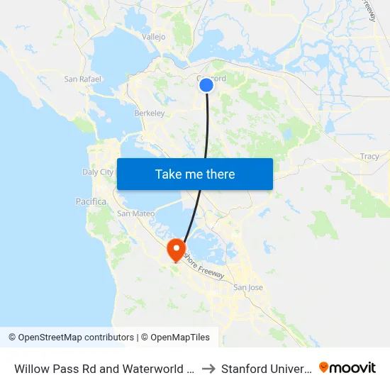 Willow Pass Rd and Waterworld Pkwy to Stanford University map