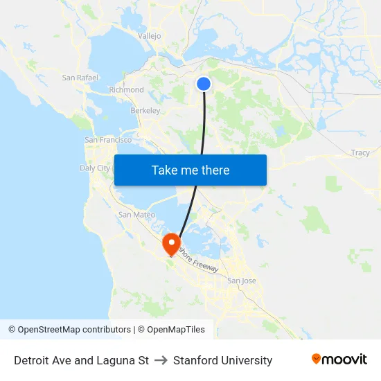 Detroit Ave and Laguna St to Stanford University map