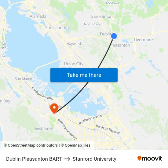 Dublin Pleasanton BART to Stanford University map