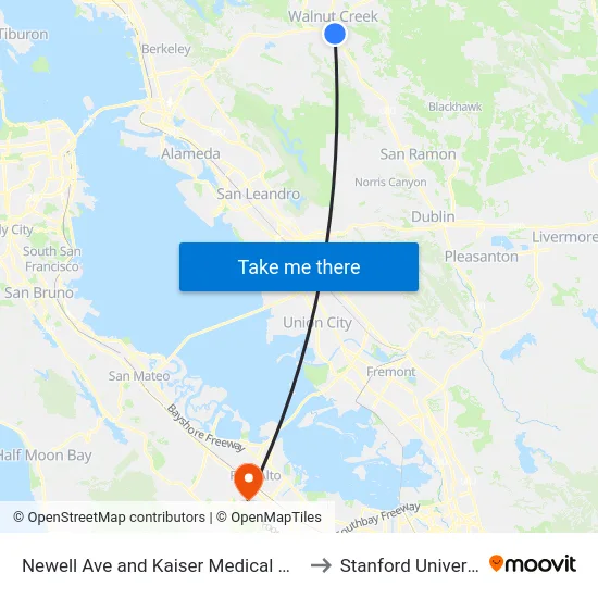 Newell Ave and Kaiser Medical Center to Stanford University map