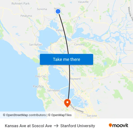 Kansas Ave at Soscol Ave to Stanford University map