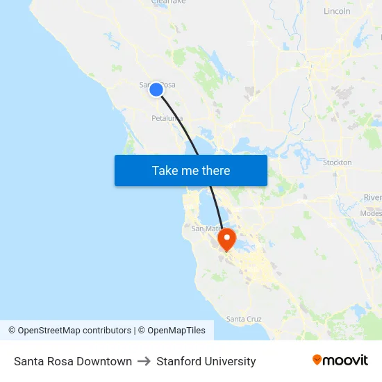 Santa Rosa Downtown to Stanford University map
