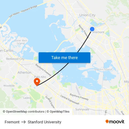 Fremont to Stanford University map