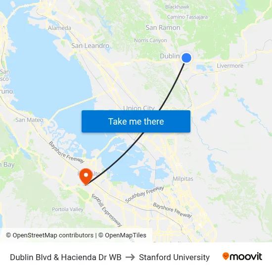 Dublin Blvd & Hacienda Dr WB to Stanford University map