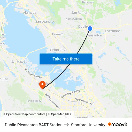 Dublin Pleasanton BART Station to Stanford University map