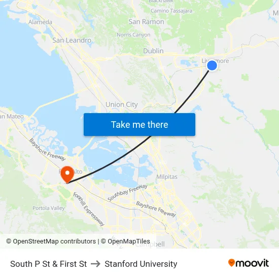 South P St & First St to Stanford University map