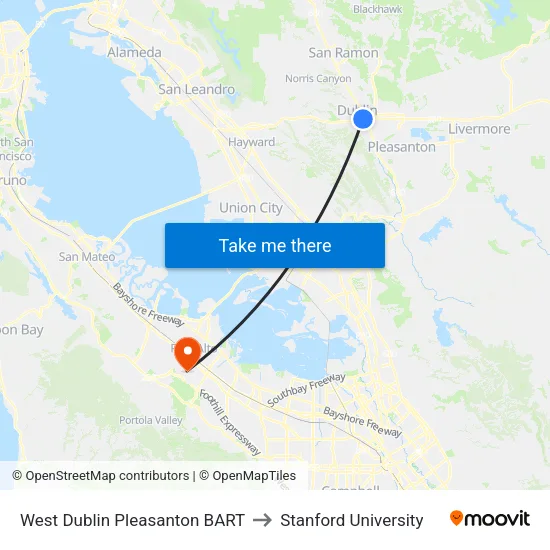 West Dublin/Pleasanton BART to Stanford University map