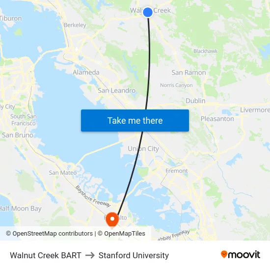 Walnut Creek BART to Stanford University map