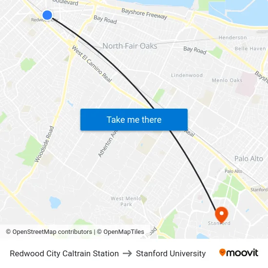 Redwood City Caltrain Station to Stanford University map
