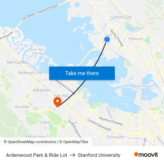 Ardenwood Park & Ride Lot to Stanford University map