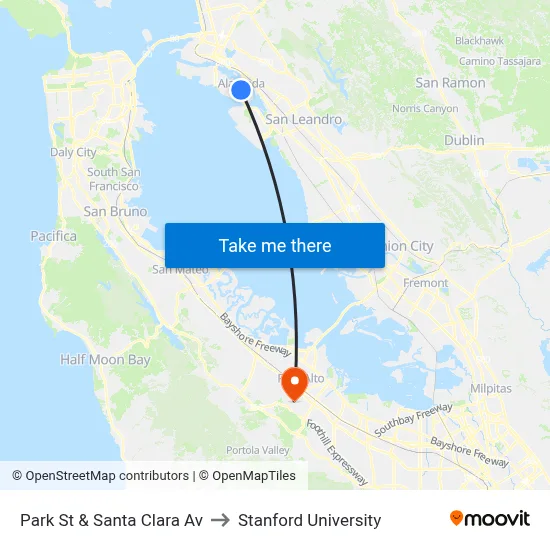 Park St & Santa Clara Av to Stanford University map