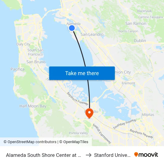 Alameda South Shore Center at Park St to Stanford University map