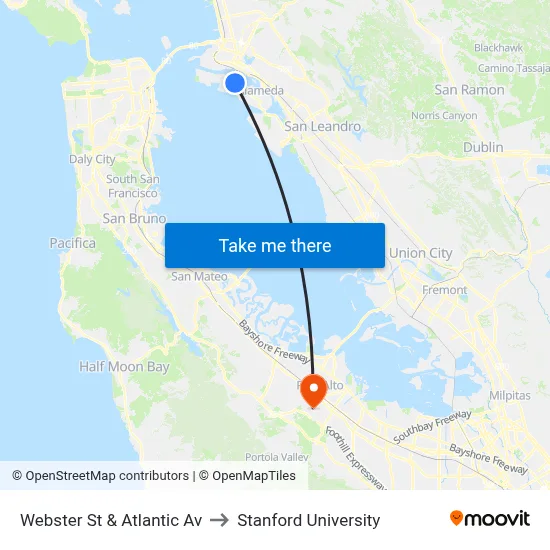 Webster St & Atlantic Av to Stanford University map
