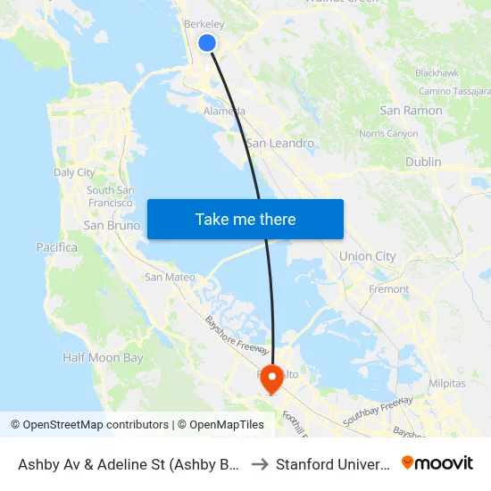 Ashby Av & Adeline St (Ashby BART) to Stanford University map