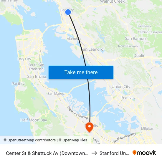Center St & Shattuck Av (Downtown Berkeley BART) to Stanford University map