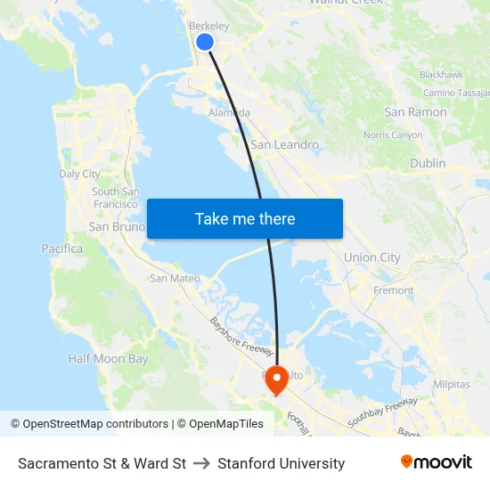 Sacramento St & Ward St to Stanford University map