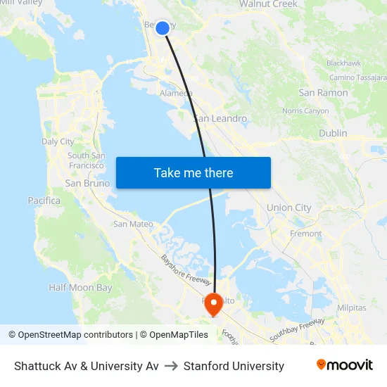Shattuck Av & University Av to Stanford University map