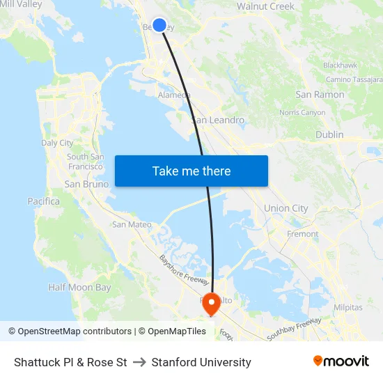 Shattuck Pl & Rose St to Stanford University map