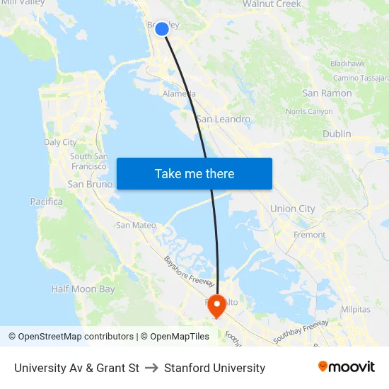 University Av & Grant St to Stanford University map