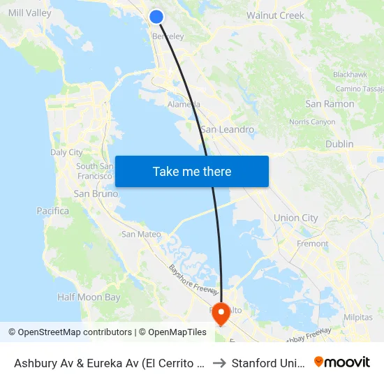 Ashbury Av & Eureka Av (El Cerrito High School) to Stanford University map