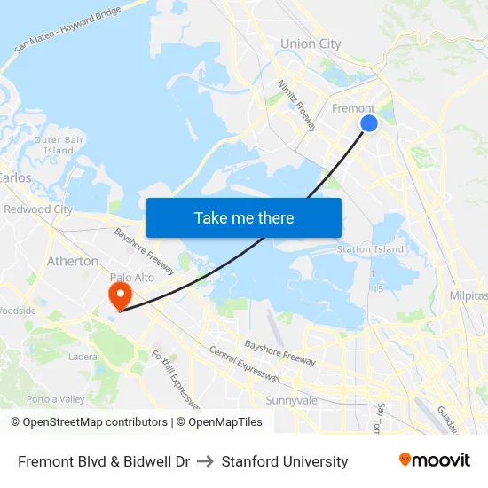 Fremont Blvd & Bidwell Dr to Stanford University map
