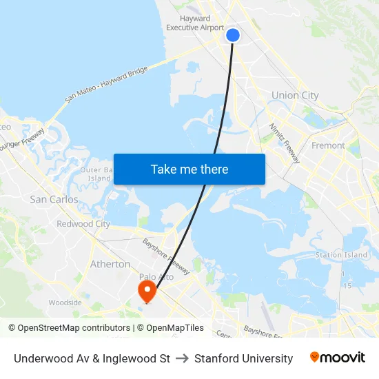 Underwood Av & Inglewood St to Stanford University map