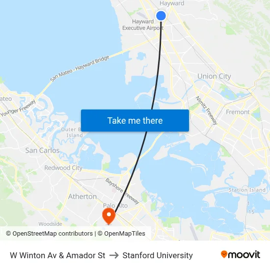 W Winton Av & Amador St to Stanford University map