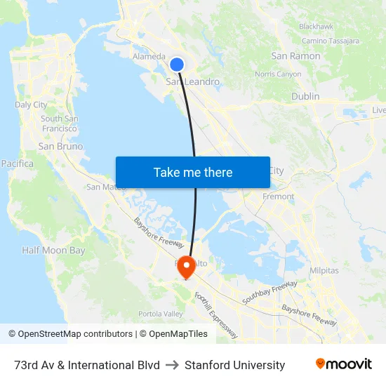 73rd Av & International Blvd to Stanford University map