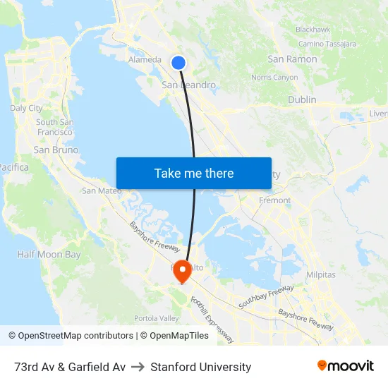 73rd Av & Garfield Av to Stanford University map
