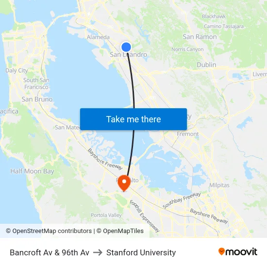 Bancroft Av & 96th Av to Stanford University map