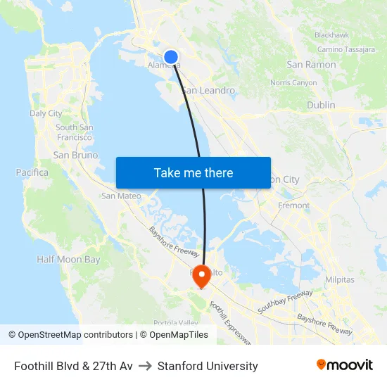 Foothill Blvd & 27th Av to Stanford University map
