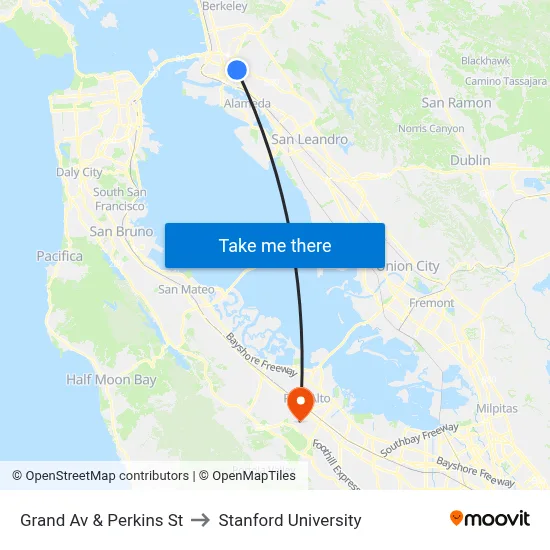 Grand Av & Perkins St to Stanford University map