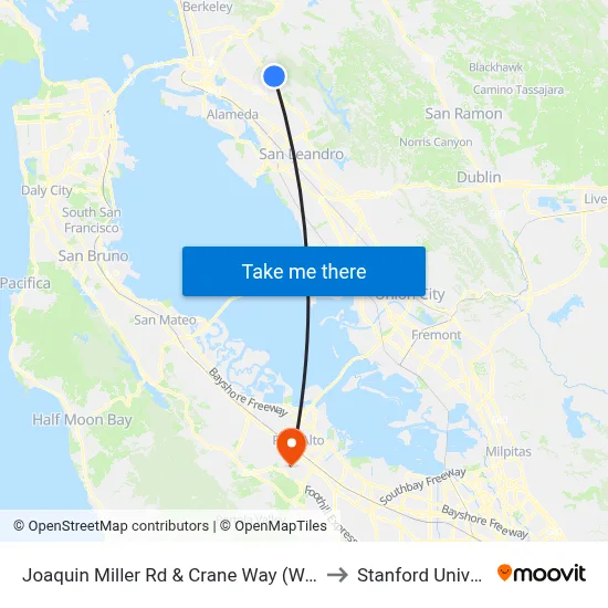 Joaquin Miller Rd & Crane Way (West Jctn) to Stanford University map